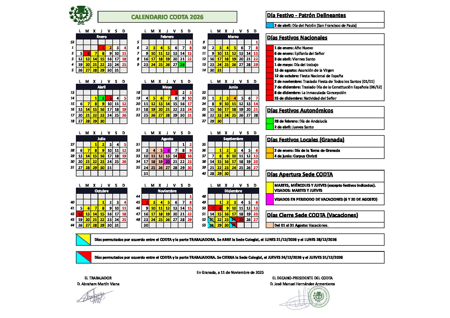 Calendario Laboral CODTA 2026